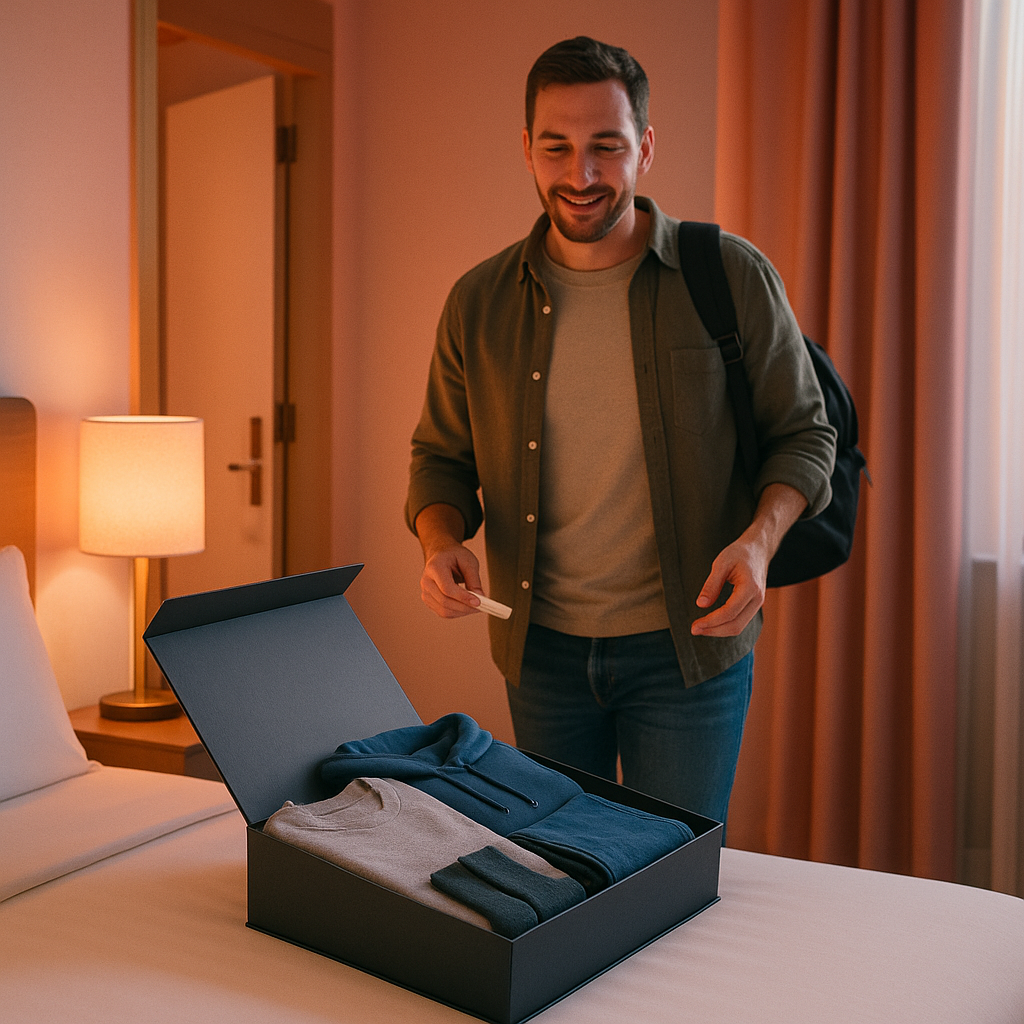 Traveler entering a hotel room and finding a curated wardrobe kit